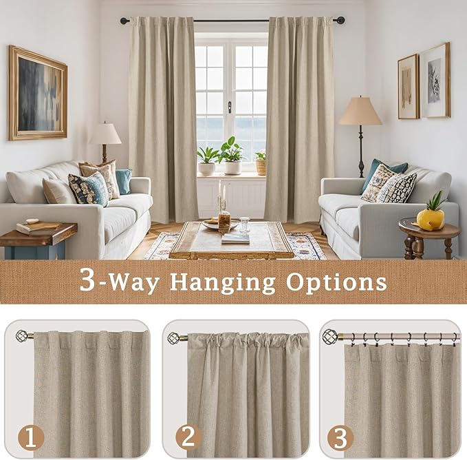 LAMIT Linen 100% Blackout Window Curtains for Bedroom, 45 Inches Linen Textured Thermal Farmhouse Curtains Back Tab and Rod Pocket Window Panels with White Liner, 2 Panels, 52 x 45 Inch, Taupe