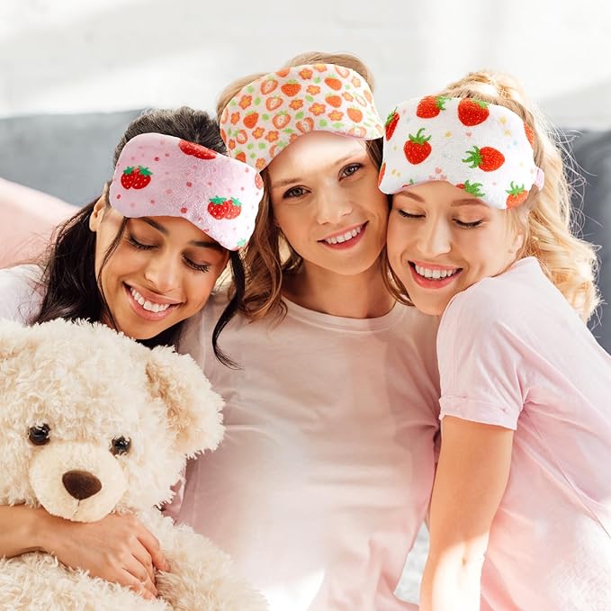 Cuffbow 6 Pcs Plush Sleep Eye Mask Silk Furry Eye Covers for Sleeping Cute Sleep Mask Fluffy Comfortable Sleeping Blindfold for Travel Sleepover Nap Party Supply Women(Strawberry,Pink)
