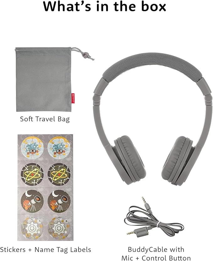 BuddyPhones Explore Plus | Foldable Kids Wired Headphones, Built-in Audio Sharing Cable with in-Line Mic - SafeAudio Volume-Limiting for Kindle, iPad, iPhone, or Android (Cool Blue)