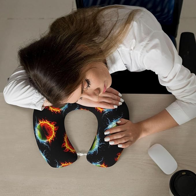 Comfortable Memory Foam Neck Pillow Ice Water Fire Flame Softball Baseballs, Travel U Shaped Airplane/Car/Flight Pillows with Removable Zipper Cover, Chin Head Neck Support Cushion
