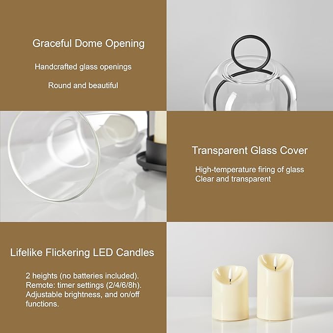 5"&4" Metal Candle Holder with Handmade Glass Dome in Brass & 2 Timer Candles, Set of 2 Versatile Hurricane Glass Candle Holders for Pillar Candles & Plants