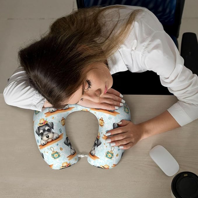 Travel Pillow Chin Neck Support, Comfortable Airplane Car Pillows for Rest, Memory Foam U Shaped Office Home Nap Sleeping Cushion Schnauzer Cute Dog