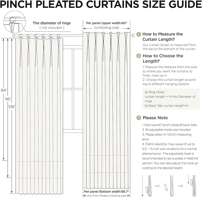 Joydeco Greyish White Pinch Pleated Thick Linen Curtains 90 Inch Long 2 Panel Set for Living Room, Double-Faced Curtain for Bedroom, Back Tab Blackout Drapes with Adjustable Hooks (40”W x90”L)