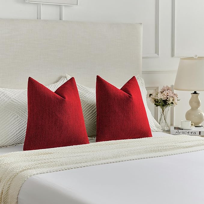 FUTEI Christmas Red Chenille Decorative Throw Pillow Covers 18x18 Inch Set of 2,Soft Cozy Faux Linen Textured Cushion Case,Farmhouse Home Decor for Couch Living Room
