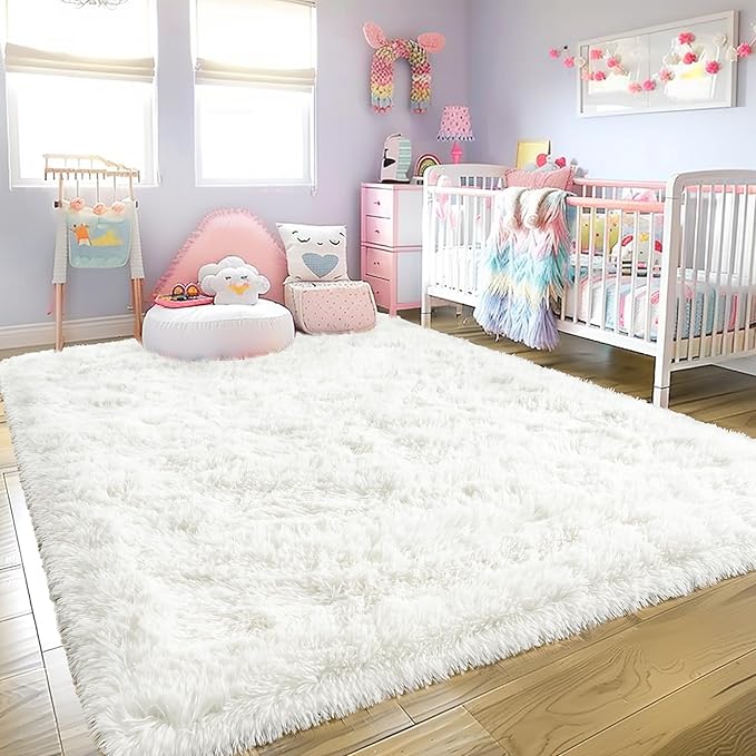 Ultra Fluffy Rug for Living Room Bedroom, 5x7 Fuzzy Large Area Rug for Living Room, Plush Soft Shag Carpet for Girl Boy Kids, Non Slip Rug Modern Indoor Home Decor Aesthetic, Cream White