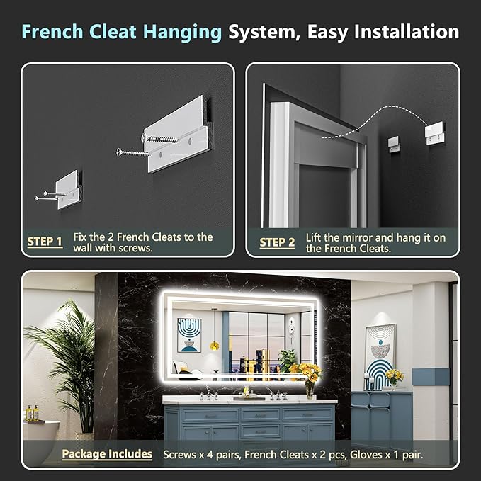 72x40 LED Bathroom Mirror with Lights, Backlit & Front Lit, Anti-Fog Frameless Lighted Vanity Mirrors for Bathroom Wall, Dimmable, 3-Color Light, Memory, Shatter-Proof, Tempered Glass, CRI>90