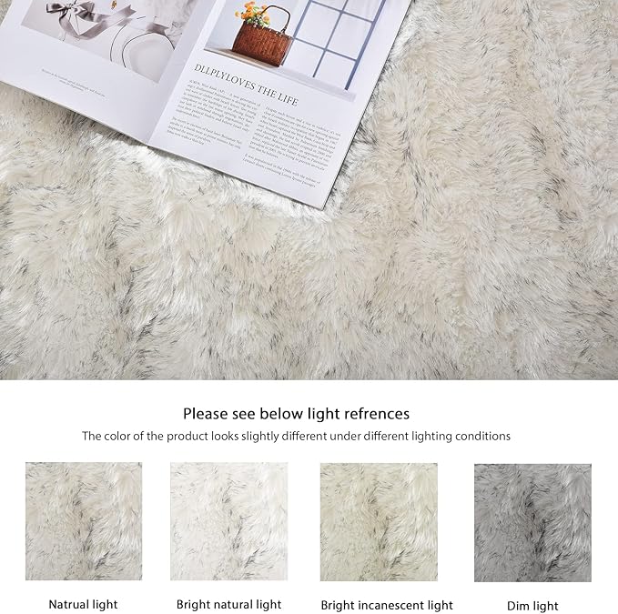 Grey and White Plush Shag Washable Rugs for Bedroom Faux Sheepskin Fur Furry Carpet for Living Room 2x6 Nursery Rug Runner