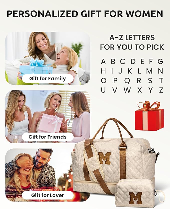 Vogewood Valentines Initial Duffle Bag with Shoe Compartment, Personalized Weekender Bag, Monogram Overnight Bag for Women with Trolley Sleeve & Wet Pocket, Travel Bag with Makeup Bag (Letter K)