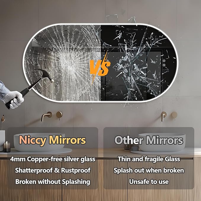 Niccy Oval LED Bathroom Vanity Mirror, 36"x24" Front lit Mirror with Light, Smart Anti-Fog Waterproof Mirror with Memory Function Dimmable Lighted Mirror