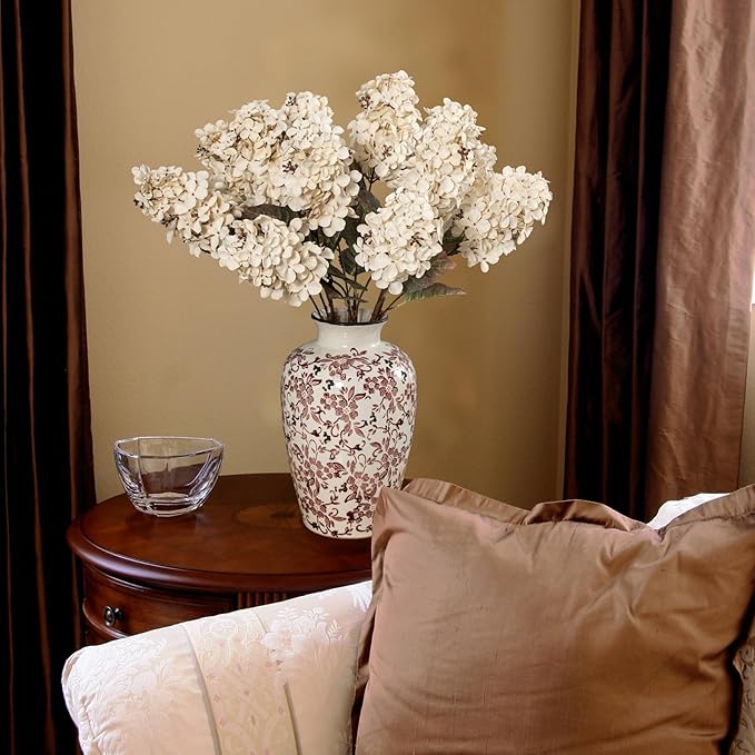Hydrangea Artificial Flowers,Fall Hydrangeas Artificial Flowers, Fake Fall Dried Hydrangea Decoration,Faux Silk Flower with Stems Winter Decor Without Vase(Cream White 8PCS
