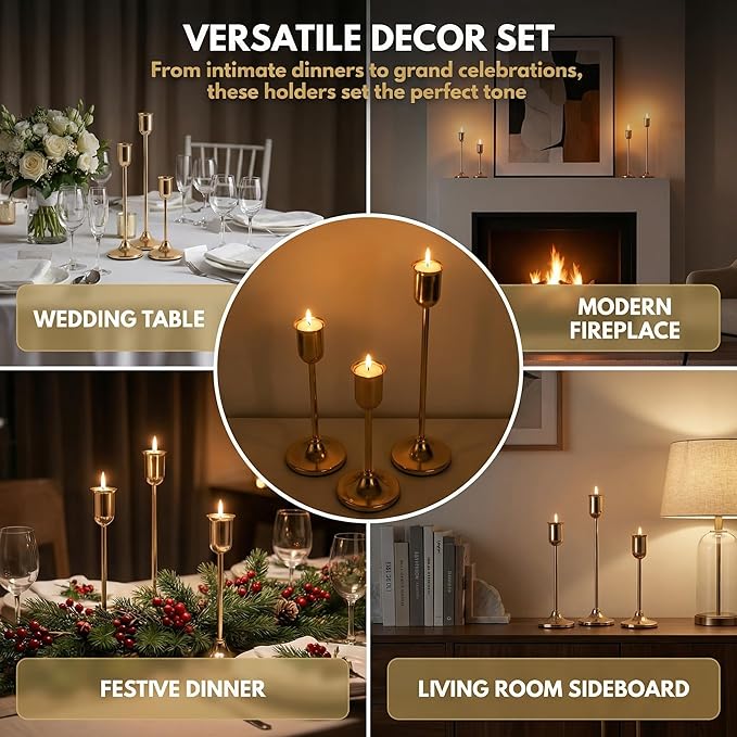 3 Pcs Gold Candlestick Holders Set - Vintage Brass Taper Candle Holder for Pillar Candles - Modern Decorative Centerpiece for Wedding Fireplace Mantel Decor - Cozy Atmosphere Housewarming Gift