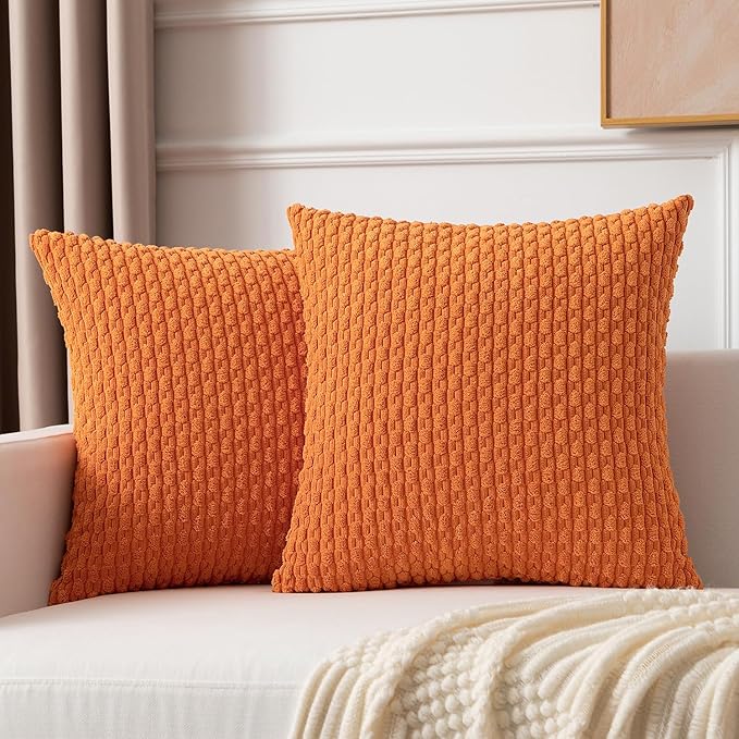 Kevin Textile Fall Pack of 2 Corduroy Decorative Throw Pillow Covers 22x22 Inch Soft Boho Striped Pillow Covers Modern Farmhouse Home Decor for Spring Sofa Living Room Couch Bed Orange