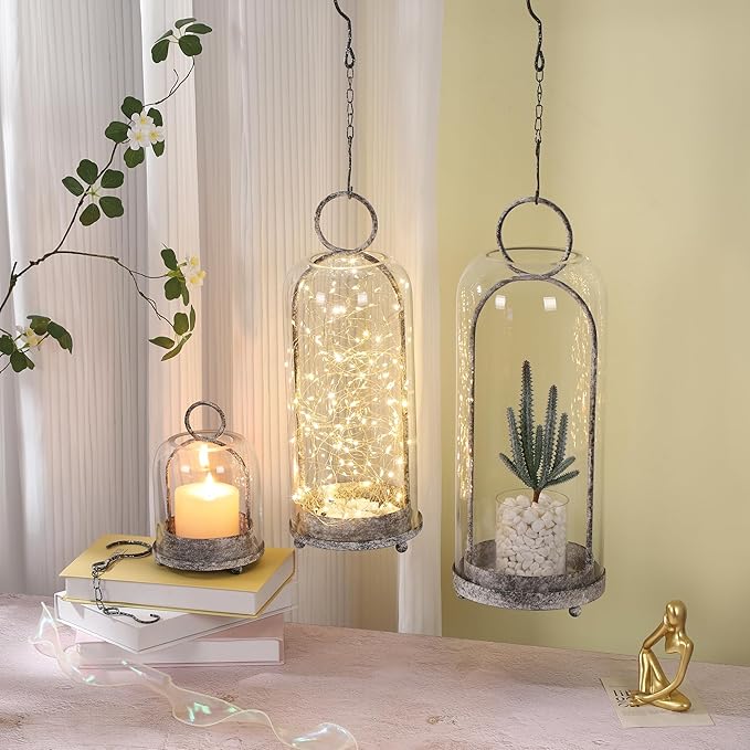 16" High Versatile Modern Metal Hurricane Lantern with Handmade Sturdy Glass Dome in Rustic Black for Pillar Candle & Plants, Industrial, Farmhouse, Shabby Chic