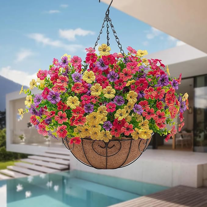 2 Set Artificial Faux Hanging Flowers Plants Basket for Outdoors Outside Spring Summer Decoration,2 Hanging Planters 24pcs Silk Fake Flowers UV Resistant Porch Patio Front Garden Home (4 Multicolor)