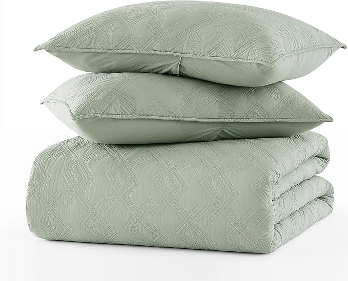 WDCOZY 100% Cotton Oversized King Quilt Set - Sage Green California Cal King Size Soft Lightweight Modern Bedspread, Farmhouse Country Rustic Coverlet, Textured Like Linen, Shabby Chic Bedding