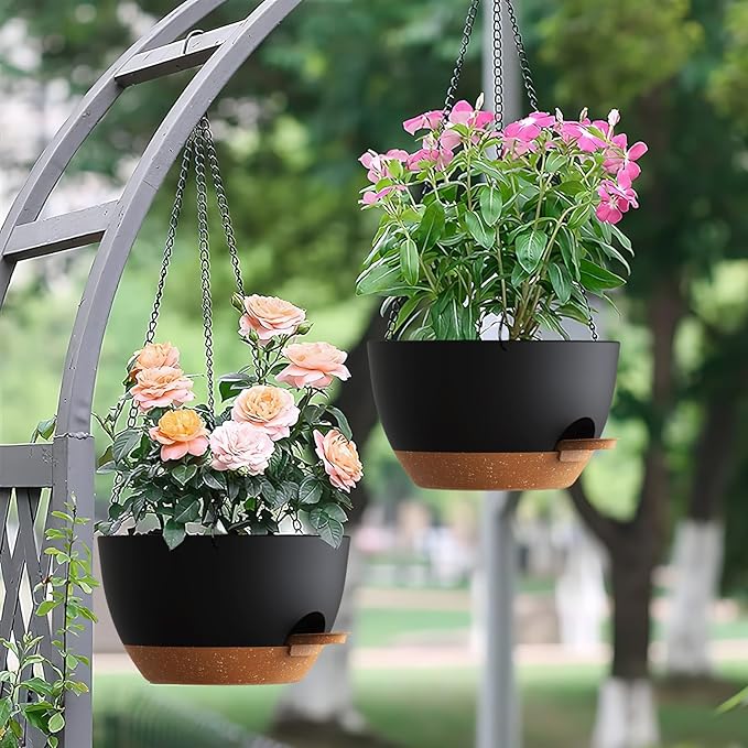Set of 3-10 Inch Self Watering Hanging Planters for Indoor & Outdoor,Hanging Plant Pots with Drainage & Removable Tray, Hanging Pots Holder for Ivy, Pothos, Ferns, Balcony & Patio, Black with Brown