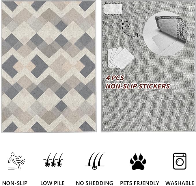 Modern Area Rug Living Room Rugs 3x4, Minimalist Soft Boho Geometric Rug, Non-Slip Washable Low Pile Non Shedding Carpet for Bedroom Office Dining Room Kitchen Nursery, Gray Beige White