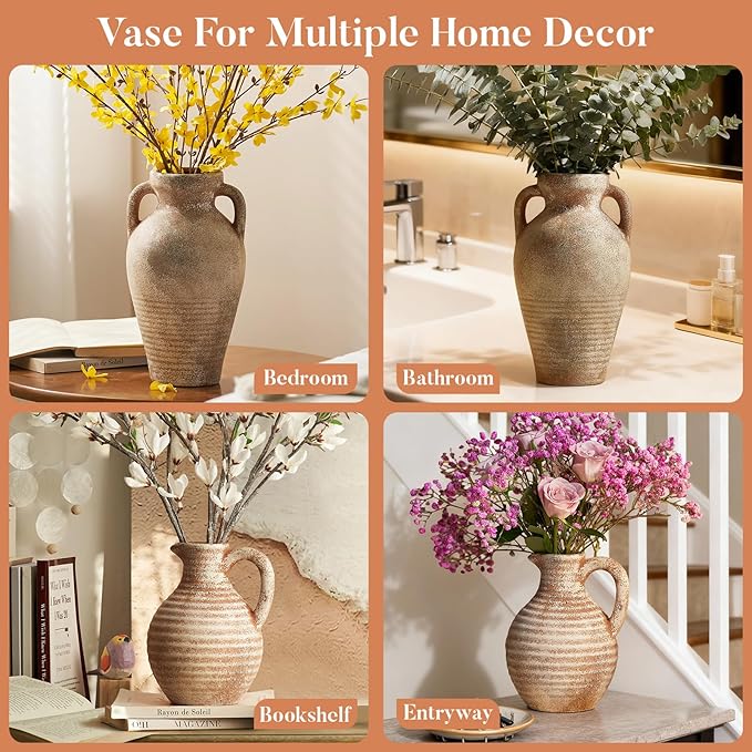 Ceramic Vase with Handles 11 inch Tall Rustic Vases Brown Terracotta Vase,Vintage Decorative Farmhouse Pottery Vase Wabi Sabi for Home Decor,Living Room,Dining Room,Wedding,Table Decoration