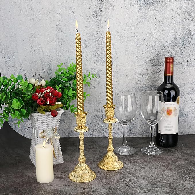 OwnMy Set of 2 Taper Candle Holders Vintage Metal Pillar Candlestick Holders 7.4”, Elegant Brass Candle Stick Holders Decor Candelabra Set for Dining Table Centerpieces Wedding Home Decoration, Gold