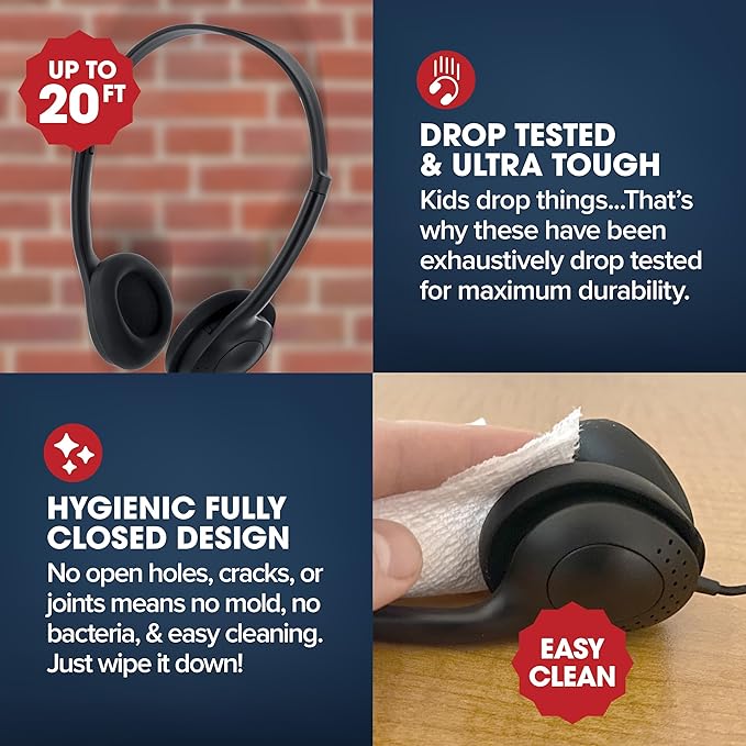 SENTRY Rugged Small School Headphones Bulk, 3.5mm Jack, Great for Kids, Teens, Students, Classroom, Libraries, Office, Online Learning, with Hygenic Design, (24 Pack, 24, Pack)