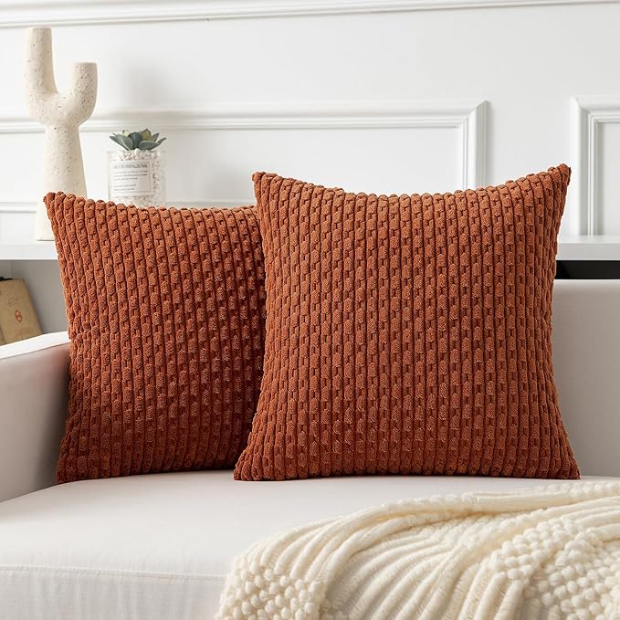 Kevin Textile Fall Throw Pillow Covers Soft Corduroy Decorative Set of 2 Boho Striped Pillow Covers Pillowcases Farmhouse Home Decor for Couch Bed Sofa Living Room 26x26 Inch Rust Brown
