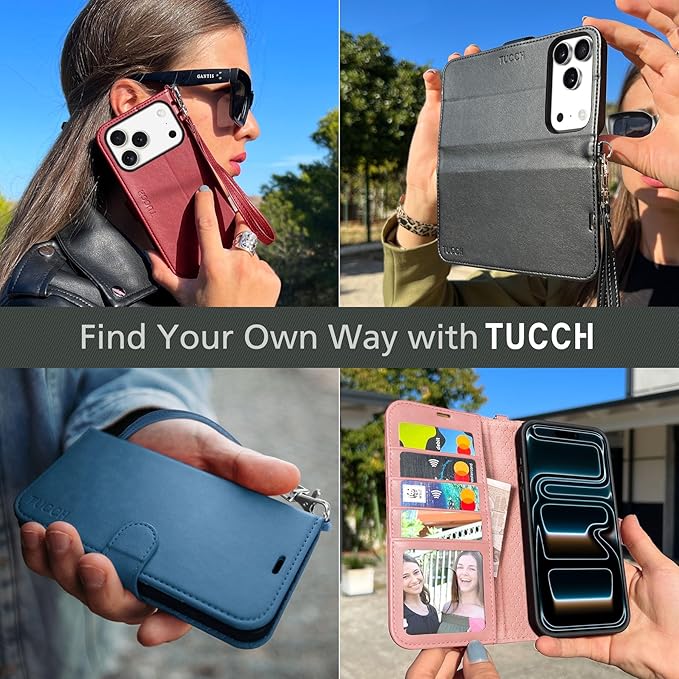 TUCCH Wallet Case for iPhone 17 Pro (6.3") 2025, Wrist Strap | 4 Card Slots | RFID Blocking | Kickstand | Shockproof TPU Shell | PU Leather | Magnetic | Protective Flip Cover | Rose Gold
