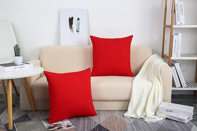 TangDepot Set of 2 Handmade Decorative Solid 100% Cotton Canvas Throw Pillow Covers/Cushion Covers, 45 Colors Available - (20"x20" 2 Pieces, Red)
