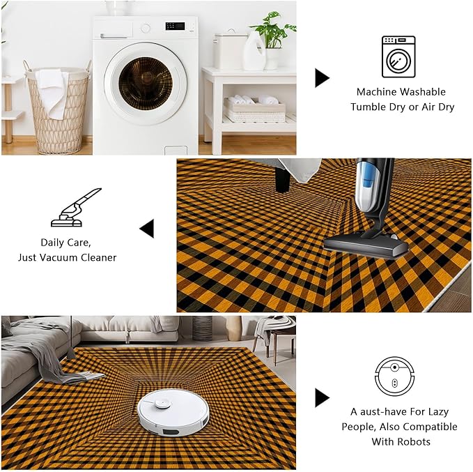 3D Rugs Optical Illusion - Plaid Rug 2x3, Geometric Stripes Soft Neutral Indoor Floor Mats Carpet, Non-Slip Stain Resistant Modern Orange Rug for Bedroom, Living Room Rugs