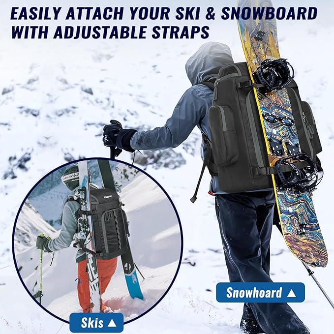 Ski Boot Bag, 65L Durable Travel Backpack, 1680D Nylon Waterproof Snowboard Boot Bag, Skiing and Snowboarding Travel Luggage for Helmet, Goggles, Gloves, Outerwear & Accessories