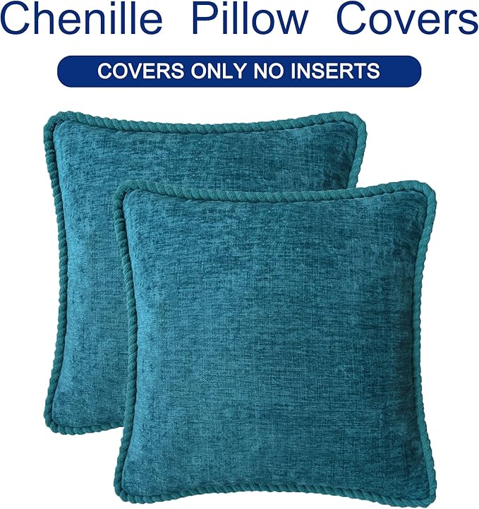 CaliTime Decorative Couch Throw Pillow Covers 16 X 16 Inches Pack of 2 Cozy Chenille Piping Edge Cushion Cases for Sofa Bed Living Room Home Ocean Blue