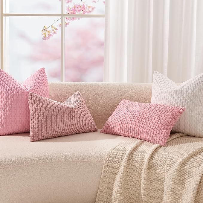 Kevin Textile Valentines Day Decorative Pillow Covers Set of 2 Striped Plush Corduroy Rectangle Lumbars Boho Home Decor Cushion Covers for Couch Sofa Bed Living Room 12x20 Inch, Pink