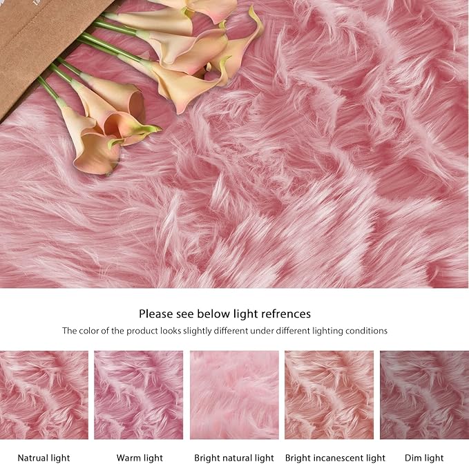 Pink Fluffy Sheepskin Fur Area Rugs for Bedroom Washable Furry Carpet Rug for Living Room Faux Fur Rug 2x3 Nursery
