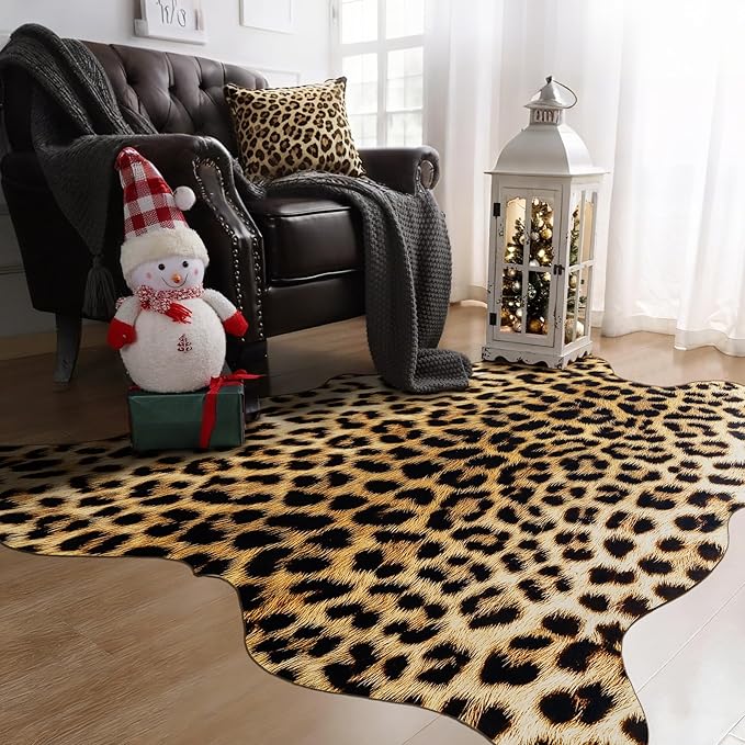 AROGAN Premium Leopard Print Rug 4.6x5.2 Feet, Faux Fur Cheetah Rug, Non-Slip Animal Print Hide Leopard Skin Area Rug for Bedroom Living Room Home Decor
