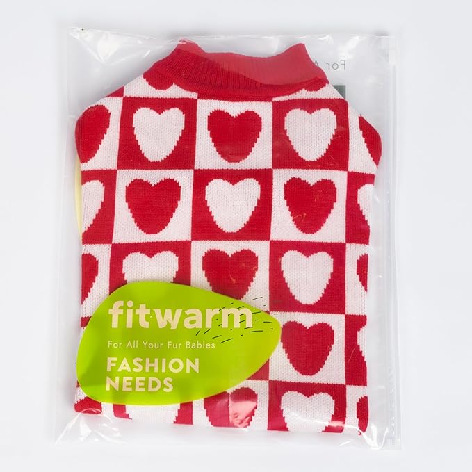 Fitwarm Checkered Heart Dog Sweater, Cozy Valentines Outfit for Small Dogs Girl, Festive Pet Clothes, Red, White, Medium