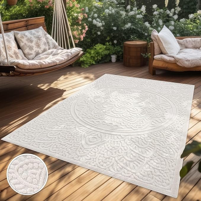 Paco Home Modern in- and Outdoor Rug with Carved Oriental Mandala Pattern in Cream, Size: 4' x 5'7"