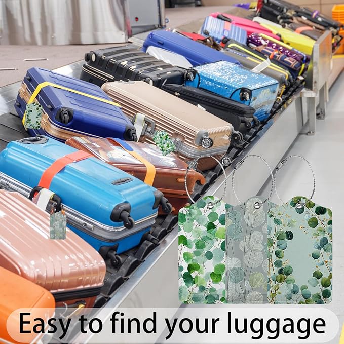 Eucalyptus and Branches Leaf 3 Pack Luggage Tags for Suitcases, PU Leather Baggage Suitcases Tag Name ID Label Privacy Cover Travel Bag Tags for Women Men Boys Girls
