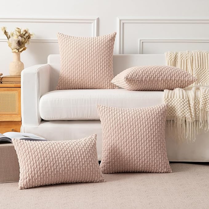 Kevin Textile Pack of 2 Corduroy Decorative Throw Pillow Covers 18x18 Inch Soft Boho Striped Pillow Covers Modern Home Decor Valentines Day Gifts for Spring Sofa Living Room Couch Bed Light Pink