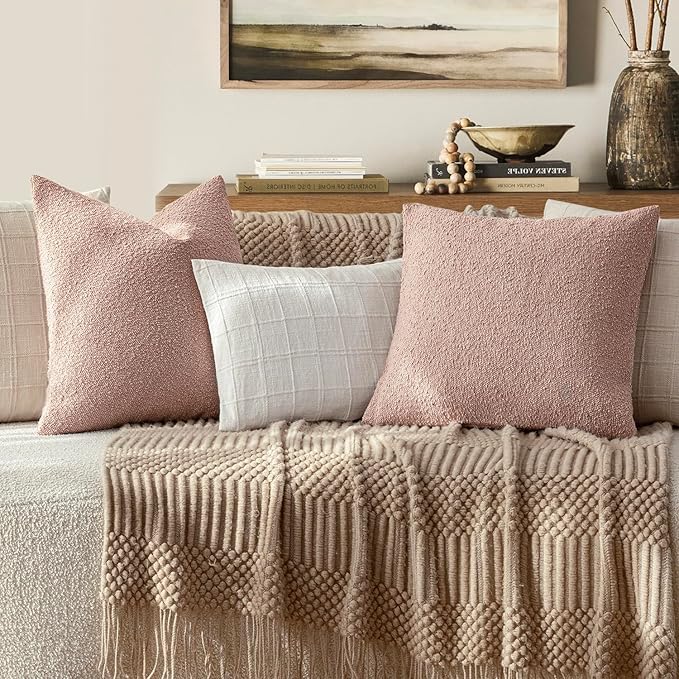 Foindtower Decorative Textured Boucle Throw Pillow Covers Accent Solid Pillow Cases Neutral Soft Cozy Couch Cushion Case for Chair Sofa Bedroom Living Room Home Decor 24x24 Inch,1PC,Light Pink