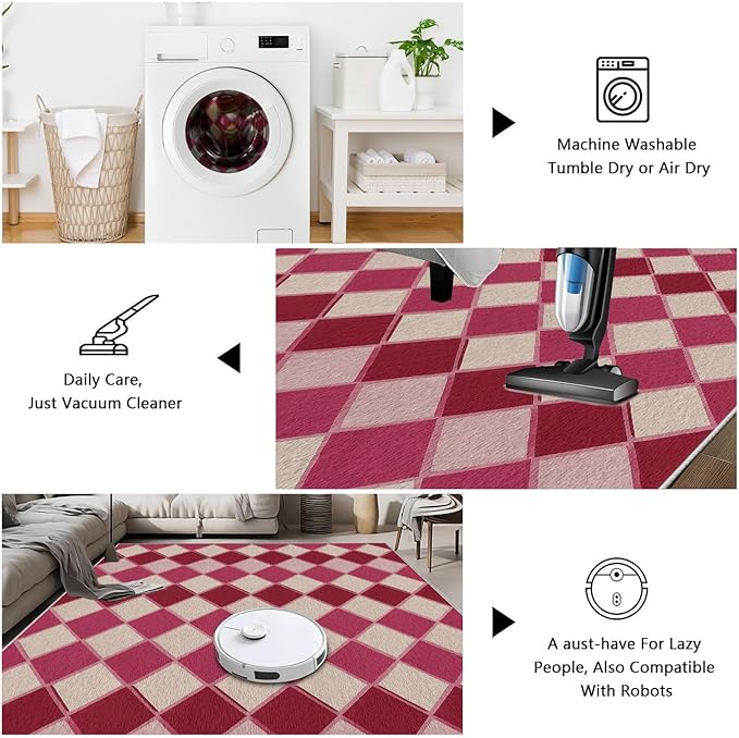 Plaid Rug, Soft Ultra Soft Faux Wool Rhombus Geometric Rugs, Indoor Floor Mats Carpet, Non Slip&Non-Shedding Low Pile Washable Rugs, Modern Red 5x6 Area Rug for Bedroom Home Decor