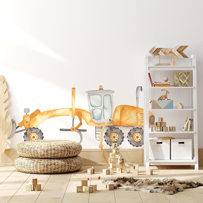 Construction Grader Ground Leveling Machine Tractor Wall Decal for Boys Room, Peel Stick Removable Fabric Wall Sticker, Nursery or Playroom Decor, Repositionable (24 inch: 10" Tall x 24" Wide)