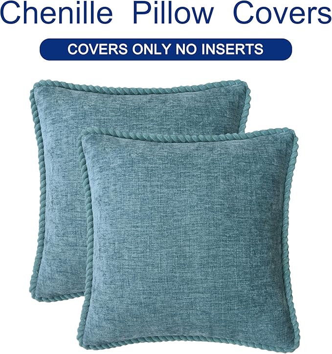 CaliTime Decorative Couch Throw Pillow Covers 20 X 20 Inches Pack of 2 Cozy Chenille Piping Edge Cushion Cases for Sofa Bed Living Room Home Smoke Blue