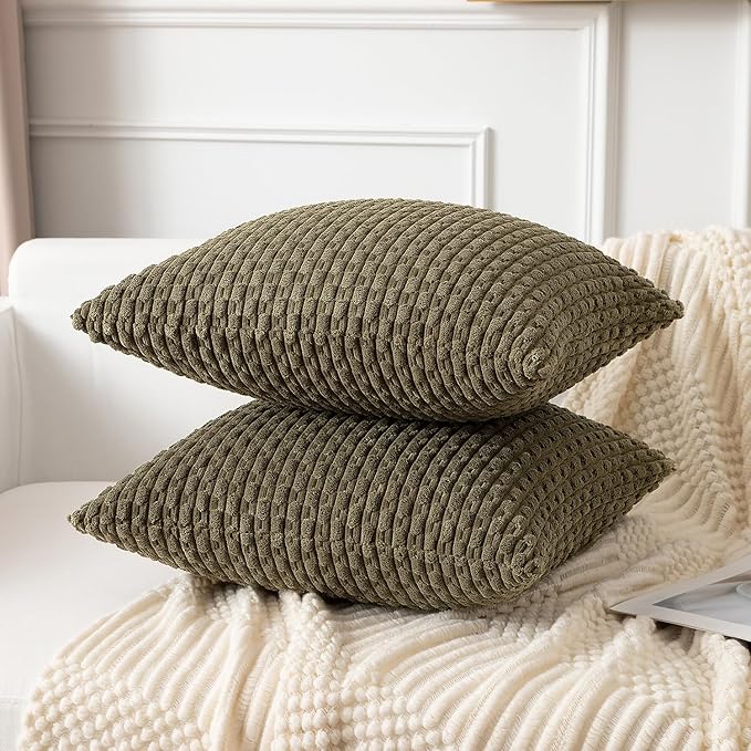 Kevin Textile Pack of 2 Corduroy Decorative Throw Pillow Covers 12x20 Inch Soft Boho Striped Pillow Covers Modern Farmhouse Home Decor for Sofa Living Room Couch Bed Olive Green