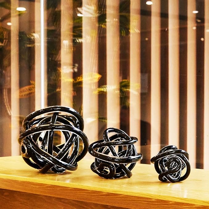 Luxury Lane Hand Blown Infinity Knot Sommerso Decorative Glass Ball for Bowls Home Decor 4 inch Tall Orbit Centerpiece Table Decoration Sculpture Black