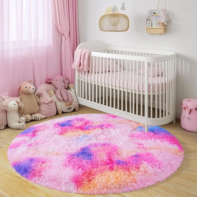 Round Fluffy Rugs 5Ft for Girls Bedroom, Dark Rainbow Shag Circle Kids Rug Non-Slip for Bedside Dorm Nursery Playroom, Soft Cute Area Rugs for Living Room Decor