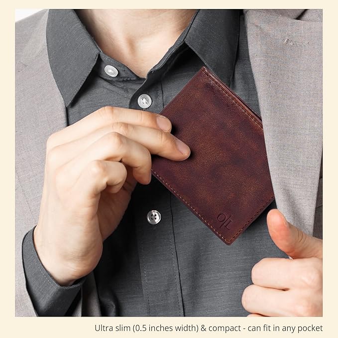 Oak Leathers Slim Leather Wallet for Men - RFID Blocking Slim Minimalist Front Pocket - Thin & Stylish with ID Window, Gift For Men (Vintage Brown)