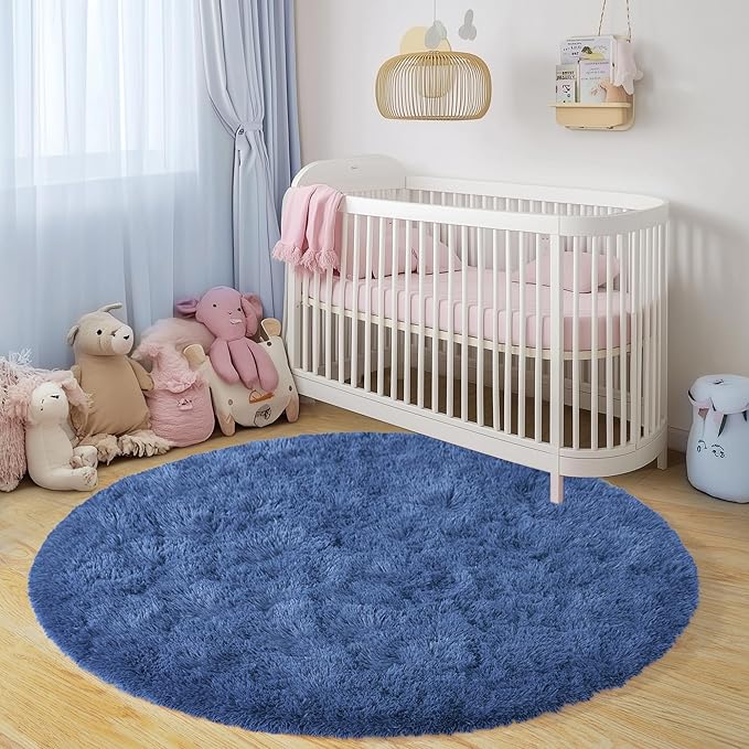 Round Fluffy for Bedroom Rugs, 4Ft Navy Blue Shag Circle Rug Non-Slip for Kids Girls Boys Bedroom Dorm Nursery Playroom, Soft Cute Area Rugs for Living Room Decor