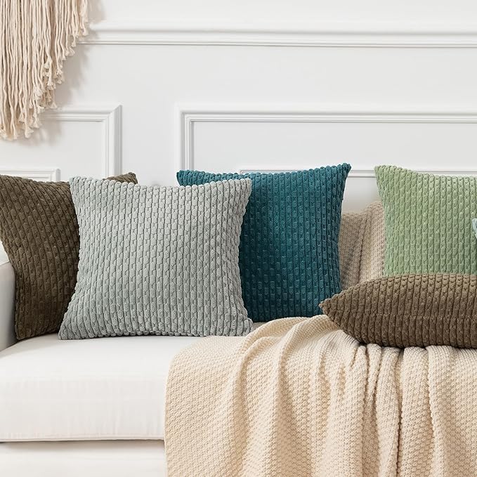Kevin Textile Throw Pillow Covers Soft Corduroy Decorative Set of 2 Boho Striped Pillow Covers Pillowcases Farmhouse Home Decor for Couch Bed Sofa Living Room 22x22 Inch Greyish Green