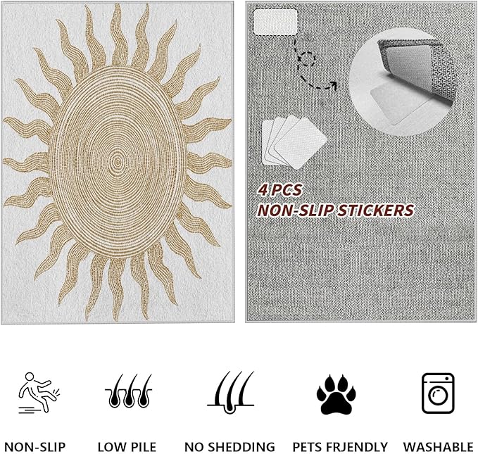 Boho Washable Rugs for Bedroom 5x6, Modern Sun Print Soft Minimalism Area Rug, Non Slip Low Pile Abstract Carpet for Classroom Living Room Decor Dining Room Sofa Kids Nursery Room, Beige Yellow