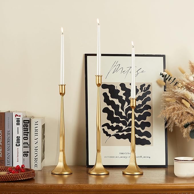 Iron Taper Candle Holder Set of 3 15.5" 14" 12" Decorative Modern Vintage Metal Tall Candlestick Holders for Wedding, Dinning Table,Mantle, Party Decoration(3, Antique Brass)