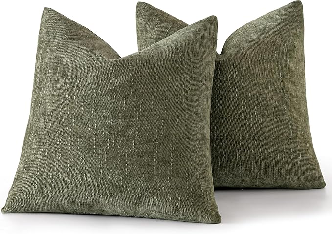 MIULEE Pack of 2 Decorative Throw Pillow Covers Soft Chenille Christmas Throw Pillows Solid Textured Cushion Covers for Spring Couch Sofa Bedroom Living Room 18x18 Inch, Olive Green